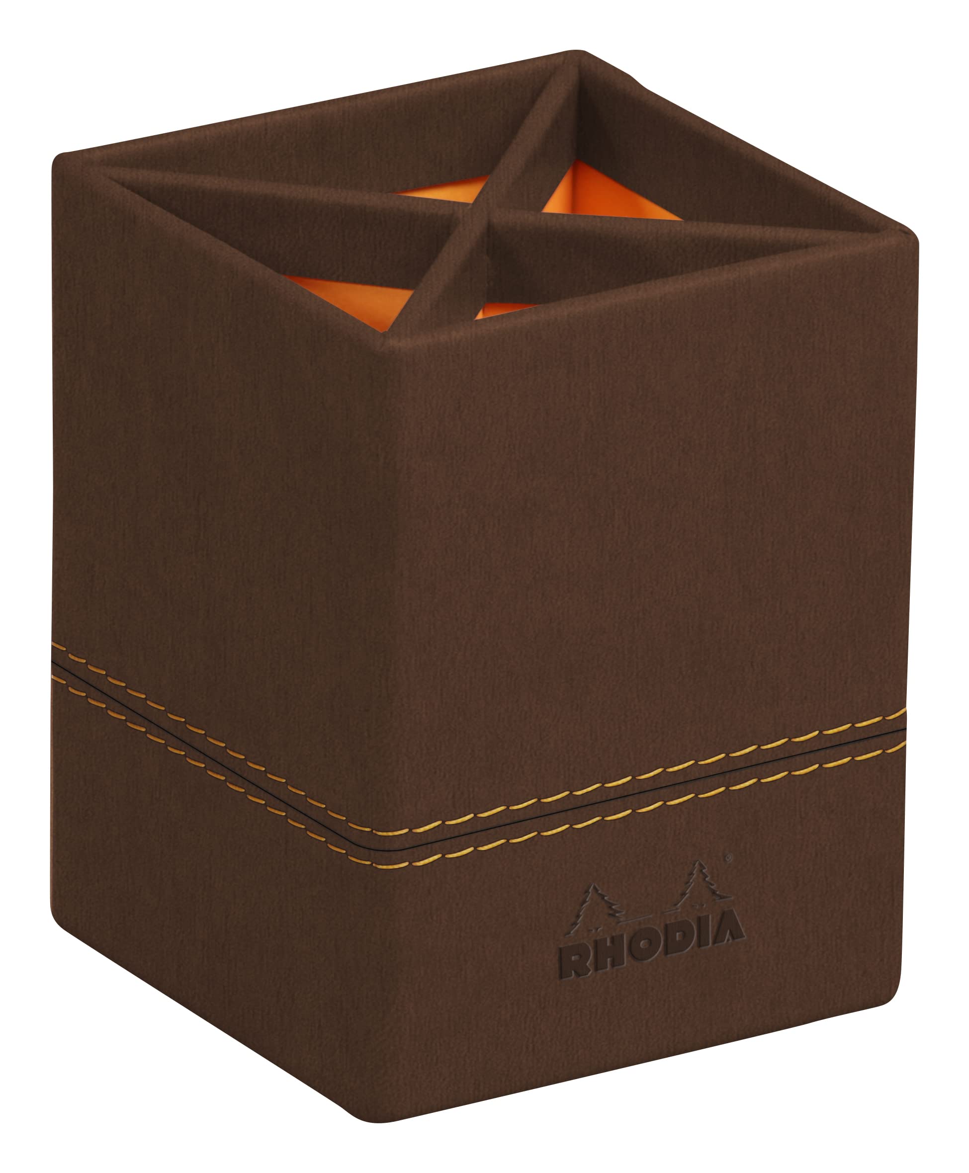 RHODIA 194524C - Bronze Pencil Holder - 8x8x11 cm - Orange Saddle Stitching - Faux Leather Exterior - Home Office Collection Rhodiarama - Office Organization & Design Storage