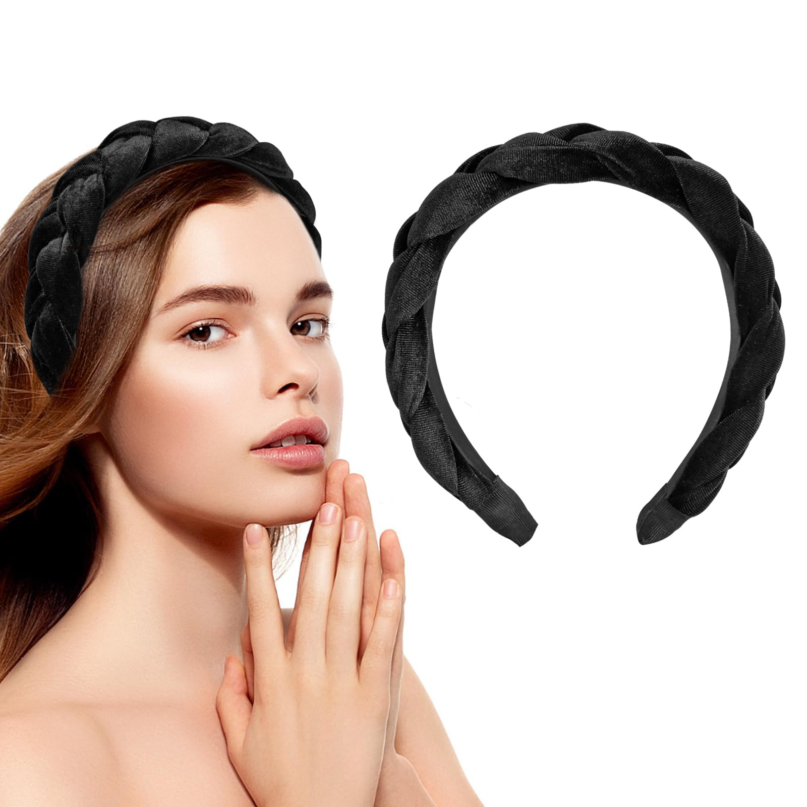 LOPHE Velvet Braided Headband, Wide Twisted Knot Design with Rough Edges, Non-Slip Solid Color Vintage Style Accessory for Women & Girls