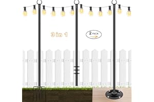 KelvinLux String Lights Poles Outdoor 9FT, 2 Pack 3 in 1 Metal Light Poles for Hanging String Lights, Outside Lighting Stand with Hooks for Wedding, Parties, Deck, Garden, Backyard, Fence Decor