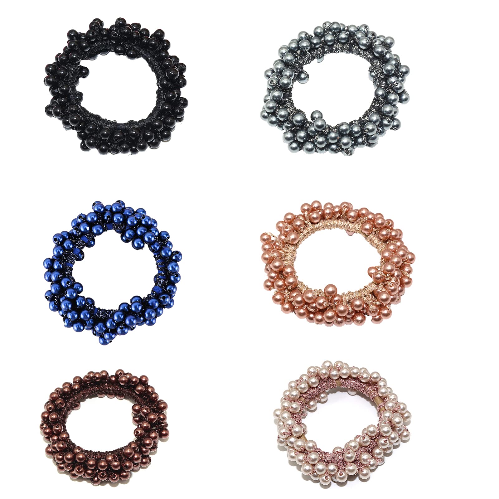 Briskyto Hair Scrunchies Pearl Elastics Ties Ring Rope Ponytail Holders Accessories Tie Bracelet Dual-purpose Head for Women and Girls, Orange, Blue, Gray, Brown, Pink, Black, 6 Count (Pack of 1)