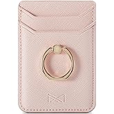 DMaos Card Holder Sleeve with Ring for Girl, RFID Credit Wallet PU Leather Stick On Back Grip for iPhone Samsung Smartphone - Pink
