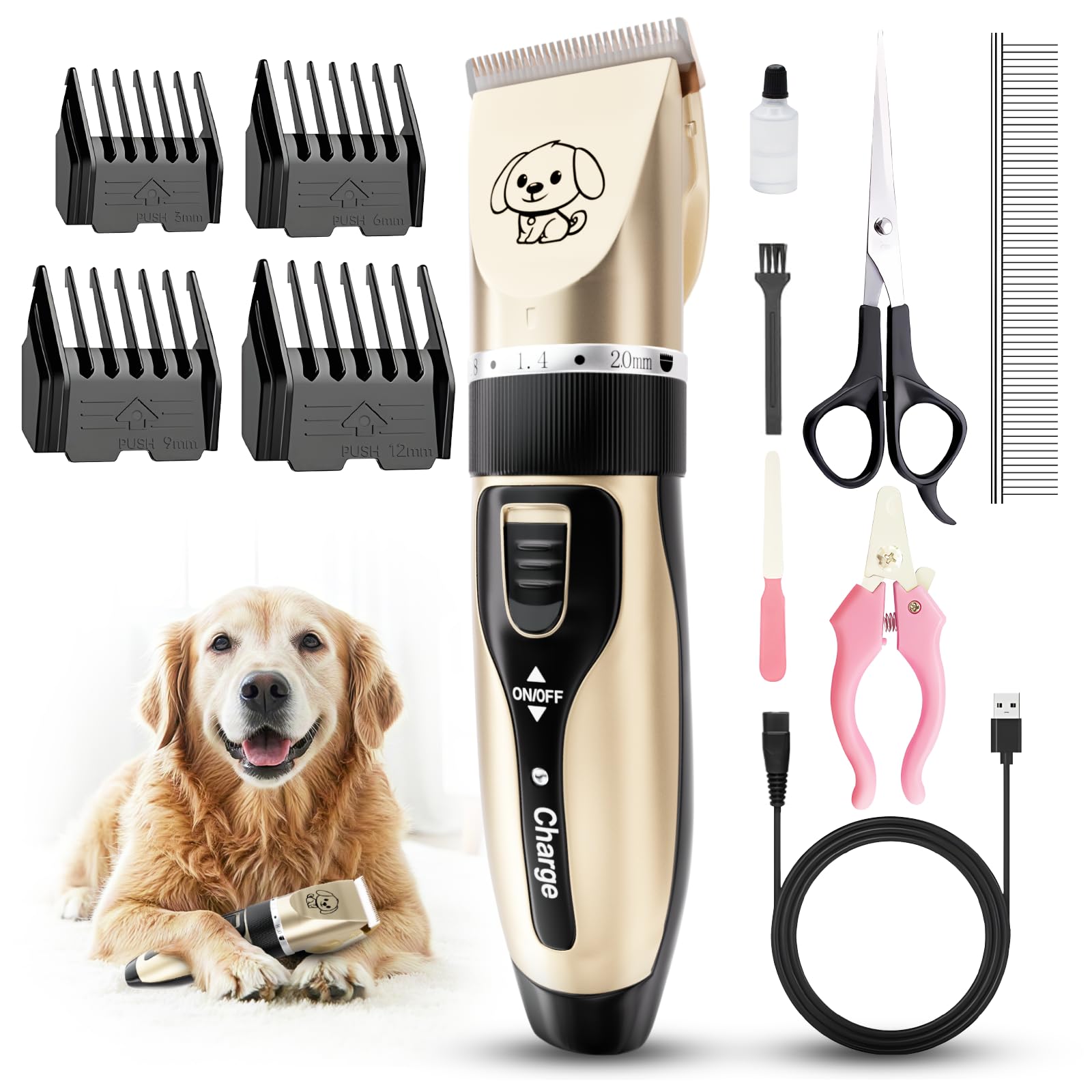 Dog Clippers, Rechargeable Low Noise Cordless Pet Clippers, with 4 Guide Combs and Cleaning Brush Nail Kits
