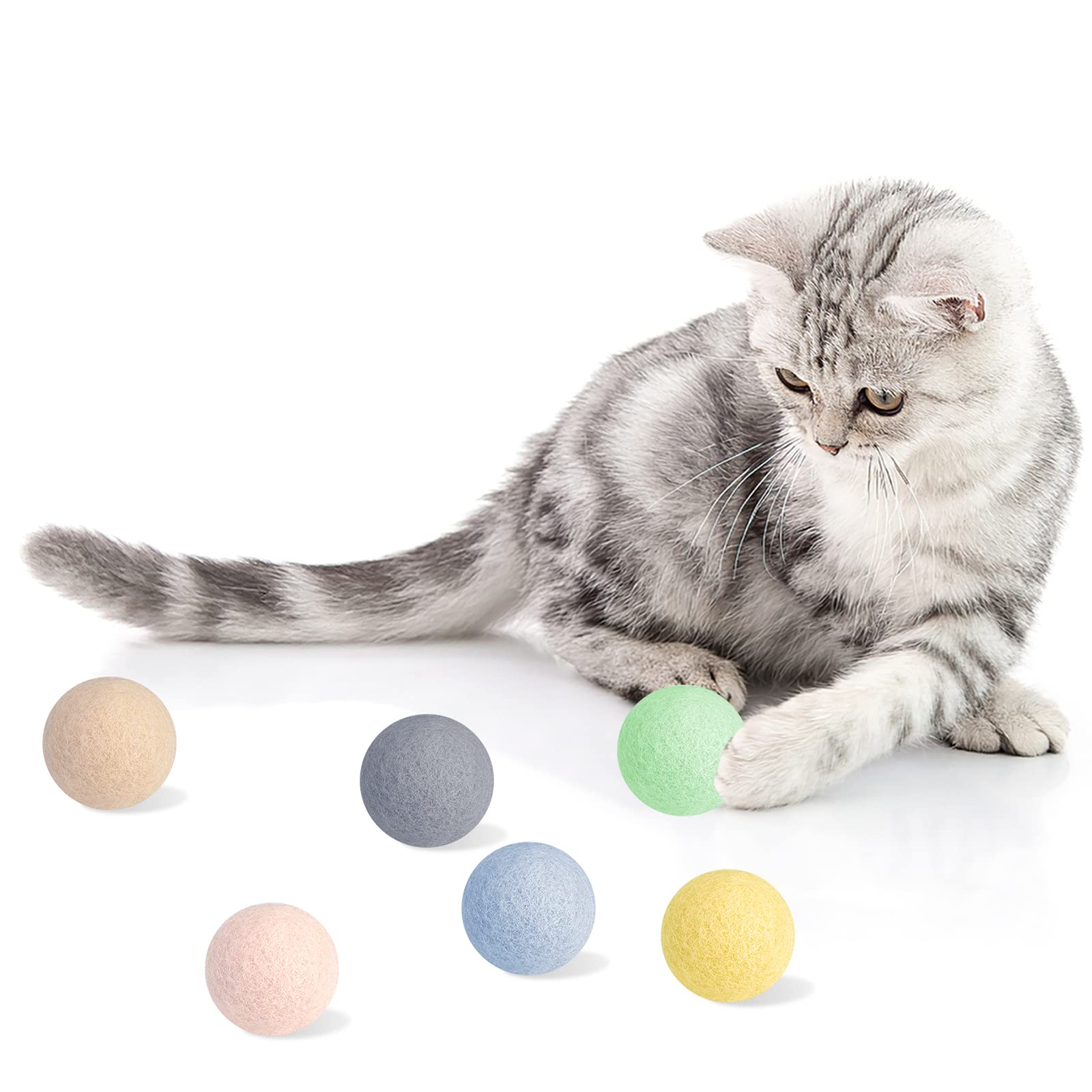 FURJOY Cat Wool Ball Toys, 6 Pack Colorful Cat Toy Balls for Small Pets Fetch and Play - Eco Friendly Quiet Wool Toy for Kittens, 4cm - Golf Ball Size