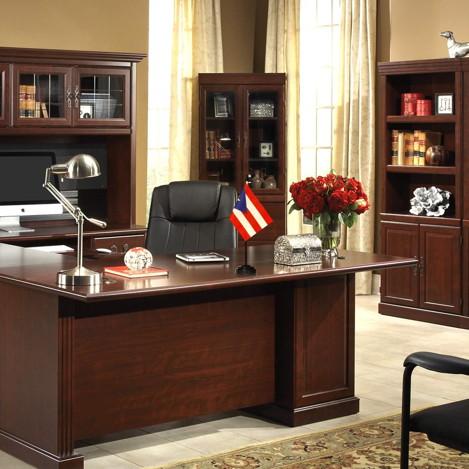 ANLEY Puerto Rico Deluxe Desk Flag Set - 6 x 4 Inch Miniature Puerto Rican Desktop Flag with 12" Solid Pole - Vivid Color and Fade Resistant - Black Base and Spear Top : Office Products