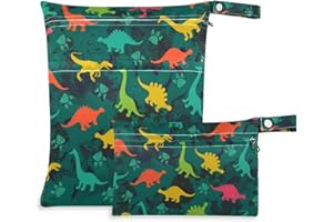 Qilmy 2pcs Dinosaur Wet Dry Bag Waterproof Reusable Baby Cloth Diaper Wet Dry Organizer for Travel, Beach, Stroller, Diapers, Wet Swimsuits, Toiletries