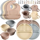 Yinder 32 Pack Baby Silicone Feeding Set, Plates Bowls Bibs, Soft Color | Suction Divided Plates, Cups with Lids &amp; Straws, Spoons Forks, Adjustable Bibs, For BLW Self Feeding and Yogurt Snacks