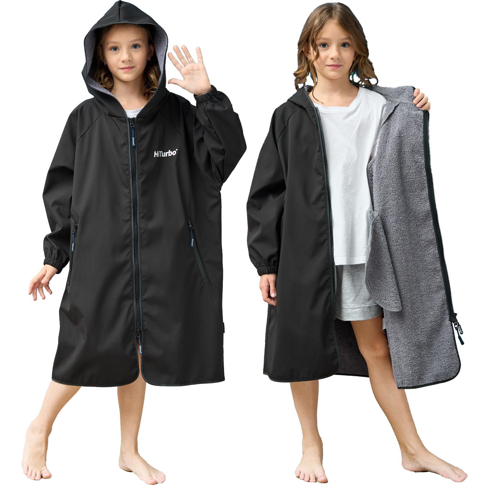 Photo 1 of Hiturbo Kids Swim Parka: Waterproof Swimming Jacket Windproof Surf Poncho - Lightweight Hooded Swimmer with Quick-Dry Changing Towel Lined - Boys Girls 7-12 Years - Black