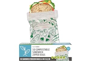 Lunchskins Ziptop BPI Certified Compostable & Resealable Freezer-Safe Food Storage Bags, Sandwich Size, 50 Bags - Eco-Friendly, Made Without PFAS and BPA