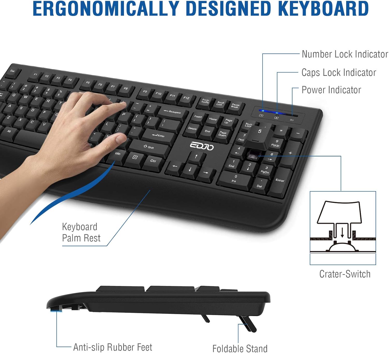 Wireless Keyboard and Mouse Combo, EDJO 2.4G Full-Sized Ergonomic Computer Keyboard with Wrist Rest and 3 Level DPI Adjustable Wireless Mouse for Windows, Mac OS Desktop/Laptop/PC: Computers & Accessories