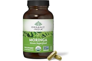 ORGANIC INDIA Moringa Capsules Organic - Moringa Supplement - Green Superfood, Pure Supergreen, Vegan Greens, Nature's Multivitamin, Vegan, Gluten-Free - 180 Capsules