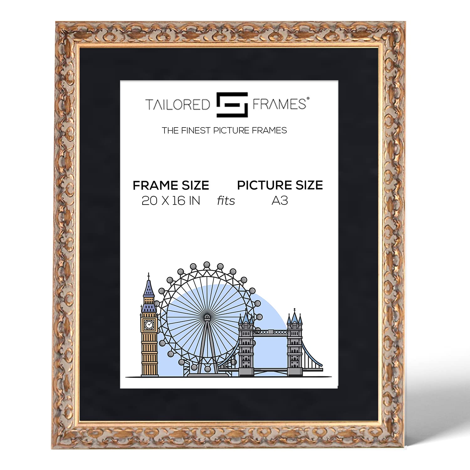 Tailored Frames Vienna Gold 20" x 16" Frame for A3 Picture | Rustic Style Vintage Single Picture Frame | Wall Hanging Type | Photo Frame with Black Mount