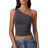 QINSEN Women's One Shoulder Tank Tops Double Lined Sleeveless Slim Fit Cropped Tee Shirt Y2k Tops
