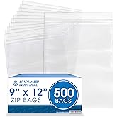 Spartan Industrial - 9” X 12” (500 Count) 2 Mil Clear Reclosable Zip Plastic Poly Bags with Resealable Lock Seal Zipper
