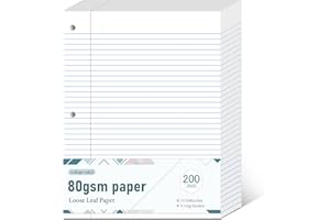 JASLEKO Loose Leaf Paper, 80gsm Thickened Lined Notebook Paper College Ruled, 8" x 10.5" 3 Hole Punch Filler Binder Paper, 200 Sheets, Office School Supplies, White