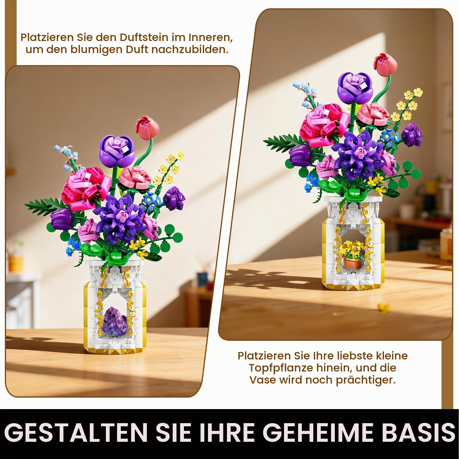 CUBIMANA Blumenstrauß-Bauset mit Vase & LED-Licht, 1093 Teile Botanische Sammlung Klemmbausteine, kreatives Geschenk für Frauen und Männer, künstliche Blumendekoration für Home und Zimmer 7