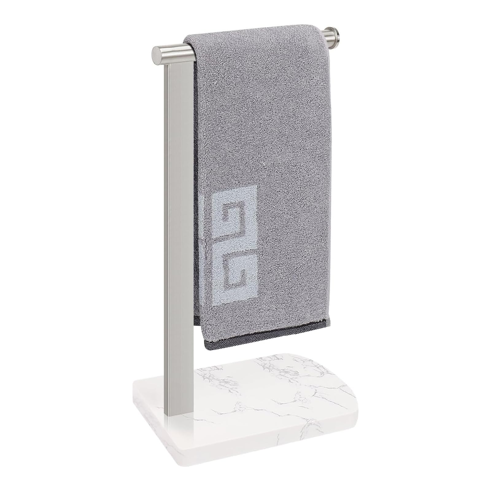 NearMoon Hand Towel Holder with Balanced Marble Base, 304 Stainless Steel Stand Towel Ring L Shape Hand Towel Rack Free-Standing Towel Bar for Bathroom Kitchen Countertop (Single Rod, Brushed Nickel)