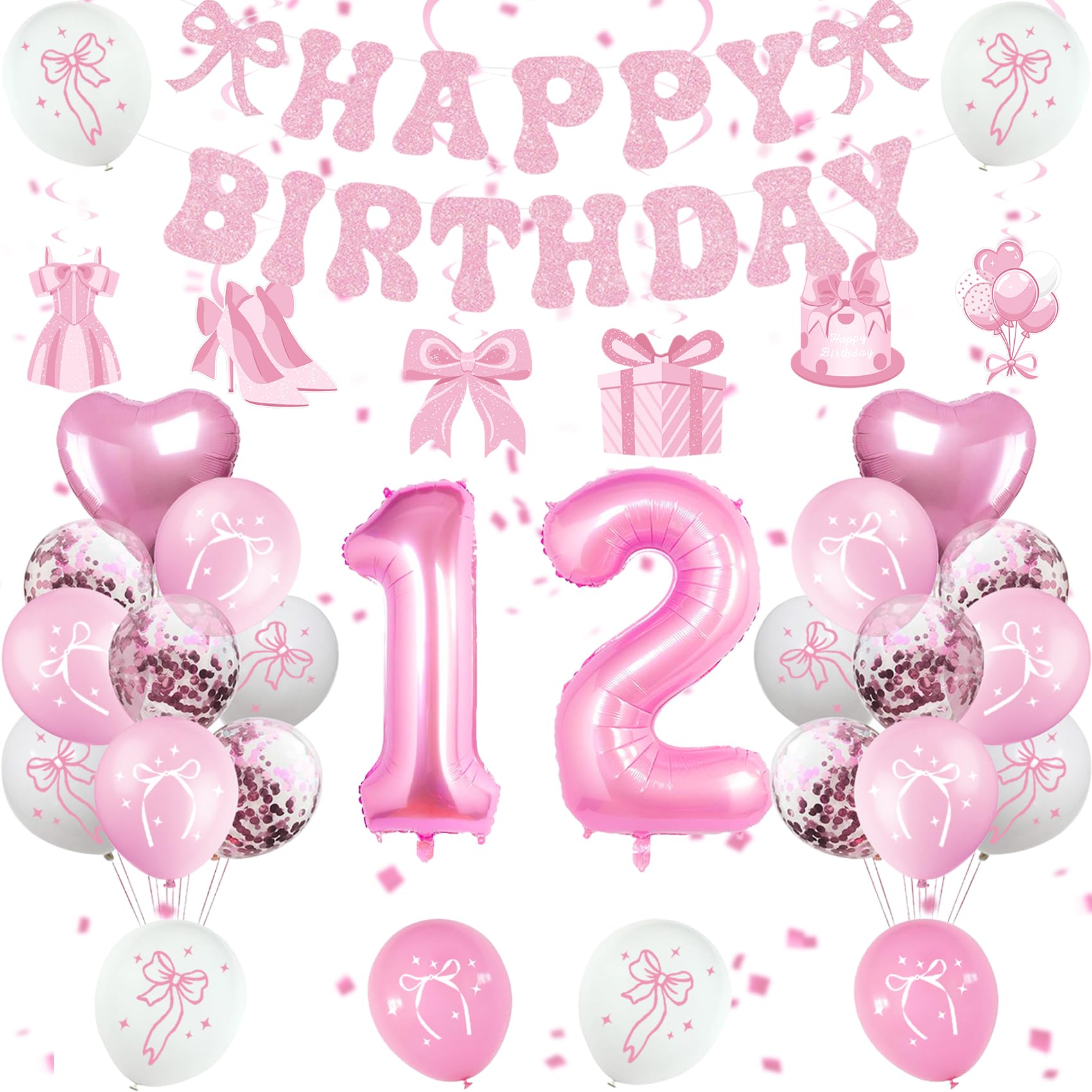 Photo 1 of *BANNER ONLY* Miidenks 12th Birthday Decorations for Girls, Pink Bow Coquette 12 Birthday Balloons Set,33 Pieces, Includes Banner, Hanging Swirls, Balloons, Perfect for Girls' Party