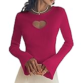 MEME XTRA Women's Heart-Cutout Sweater - Body-Hugging Fit Stretchy Sexy Knit Top with Long Bell Sleeve,Round Neck Pullover