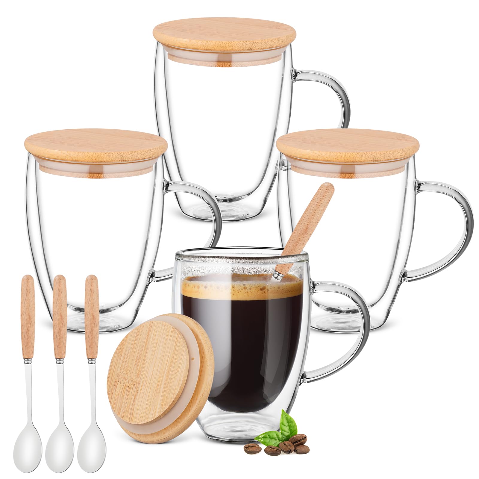 Bossjoy 4 Pack Glass Coffee Mugs with Bamboo Lid/Spoon, Double Walled Insulated Layer Coffee Cups, 12 OZ Clear Glass Mugs for Latte, Cappuccinos, Tea, Juice, Hot/Cold Drinks (350ml)