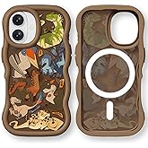 Bouvardia for iPhone 16 Case - Brown Wavy Shockproof Frame & Jurassic Dinosaur Park Pattern - Compatible with Magsafe - Anesthetic Cute Design for Women and Girls