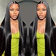 5x5 HD Lace Closure Wigs Human Hair Glueless Straight HD Lace Front Wigs Human Hair Pre Plucked 180 Density Human Hair Wigs with Elastic Band Realistic Looking Black Color (32 Inch)