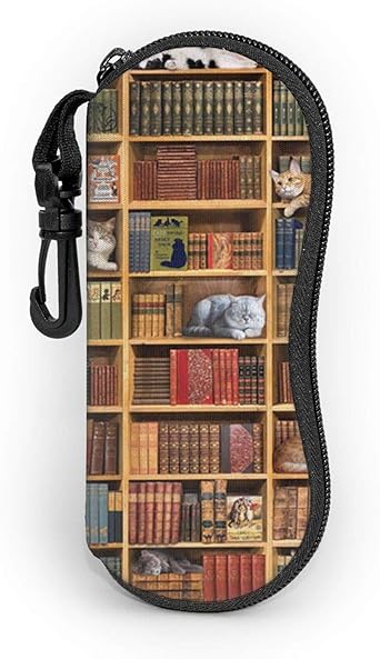 Brillenetui mit Gürtelclip, Vintage-Stil, Bibliothek, Katze, Bücher