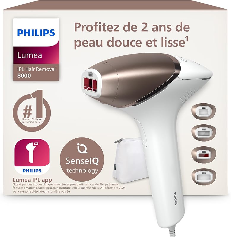 Lumea série 8000, Épilateur à lumière pulsée, alternative à l'épilation laser, technologie SenseIQ, 4 accessoires pour le corps, le visage, le maillot et les aisselles, modèle BRI948/00