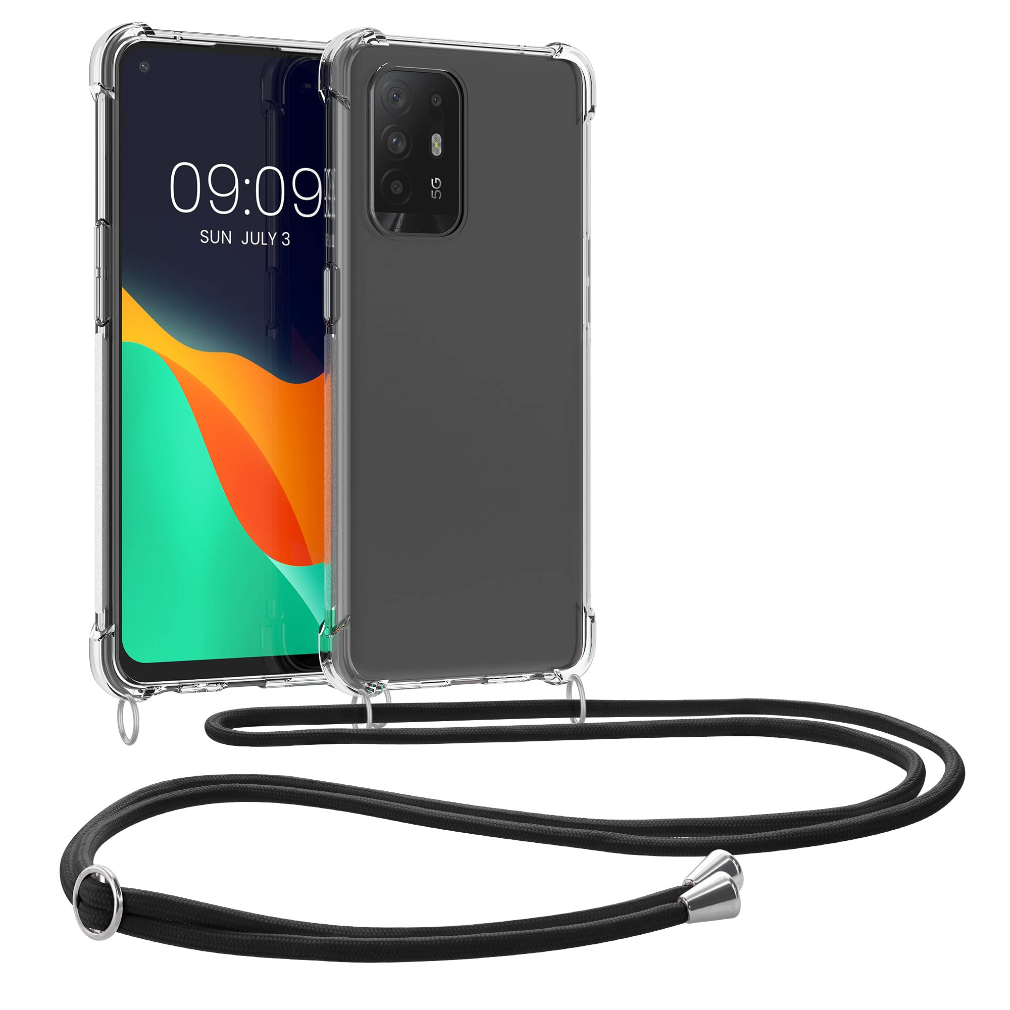 kwmobile Crossbody Case Compatible with Oppo A94 (5G) Case - Clear TPU Phone Cover w/Lanyard Cord Strap - Black/Transparent