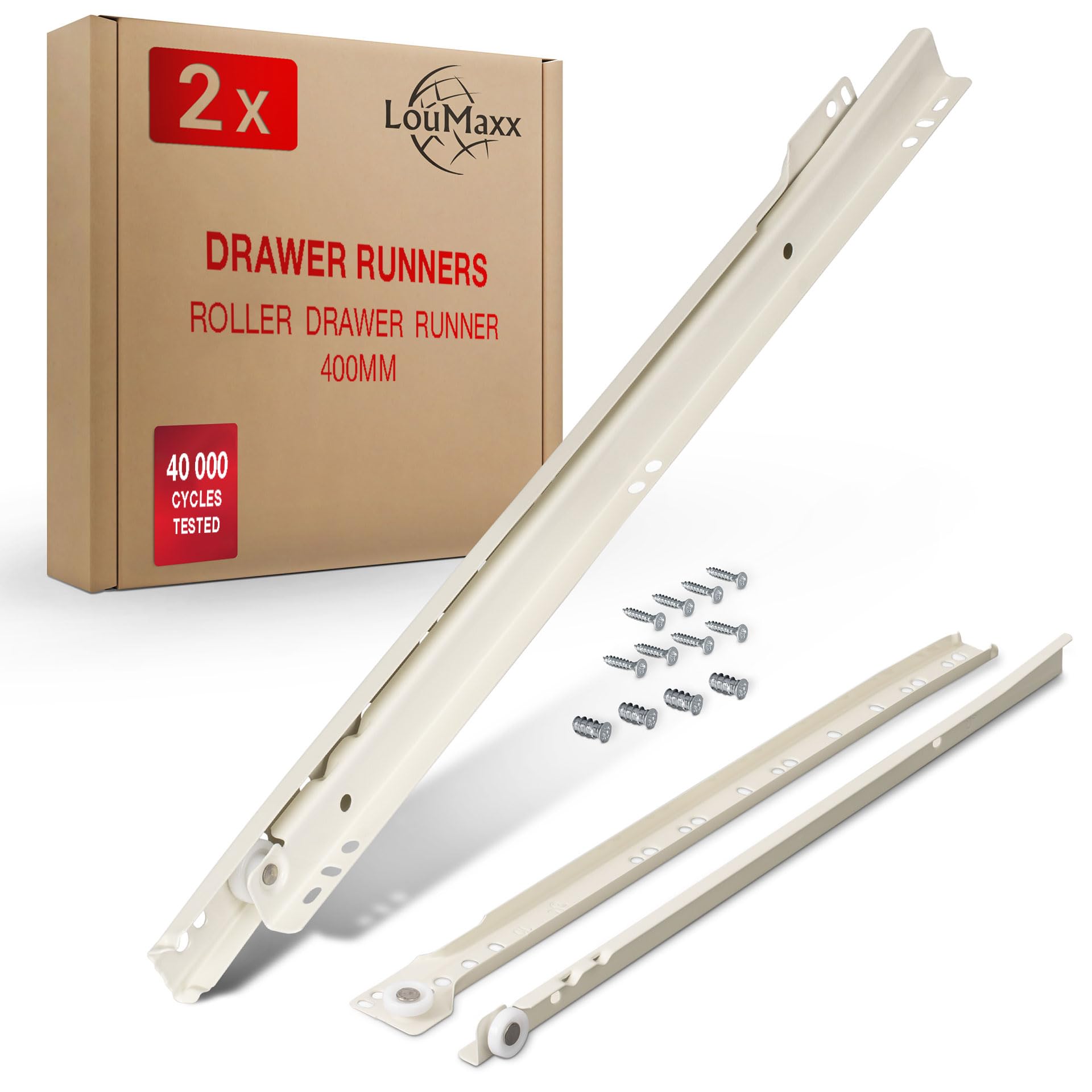 LouMaxx Drawer Runners 400 mm | 2-Pack (1 Pair) White Drawer Runner | Drawer Slide System with Partial Extension | Smooth Drawer Sliders in Cream White