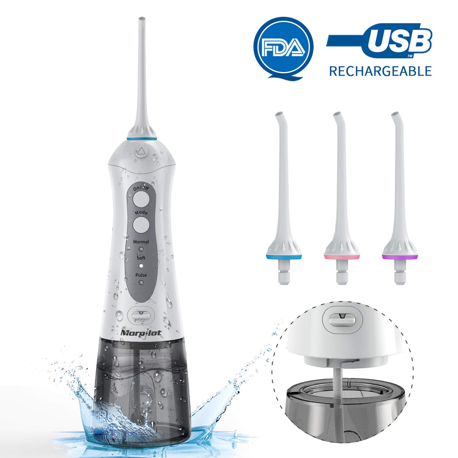 Munddusche, Morpilot Kabellose Elektrische Zahnpflege Water Flosser mit abnehmbarem reinigbarem 200ML Wassertank und 3 Druckeinstellungen, für ganze Familie und Reise(Grau)