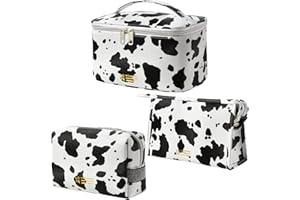 MIRASON Makeup Bag Travel Toiletry Bag for Women, Cute Make Up Bag Set of 3 for Purse Pouch Zipper Makeup Organizer Bag PU Leather Washable Waterproof Cosmetic Bag (Cow Print)