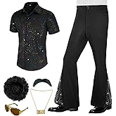 BONGZUO Mens 6Pcs 70s Disco Costume Outfits Short Sleeve Retro Shirt With Bell Bottom Pants