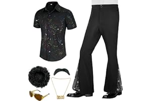 BONGZUO Mens 6Pcs 70s Disco Costume Outfits Short Sleeve Retro Shirt With Bell Bottom Pants