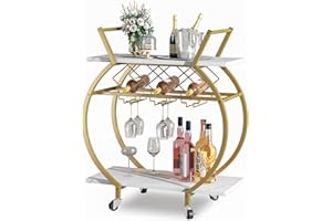 Azheruol Gold Bar Carts 2 Tiers Rolling Home Serving Cart with Wine Rack and Wheels,Modern Metal Round Wine Cart,Industrial Mobile Storage Kitchen Trolley for Kitchen, Bar, Living Room