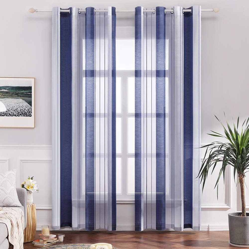 MIULEE Voile Curtains Semi Transparent Soft Elegant Decorative Classic Striped Curtain Translucent Eyelet Top Window Curtain Polyester for Bedroom Living Room 2 Panels 55" Wx88 L 140x225cm Navy