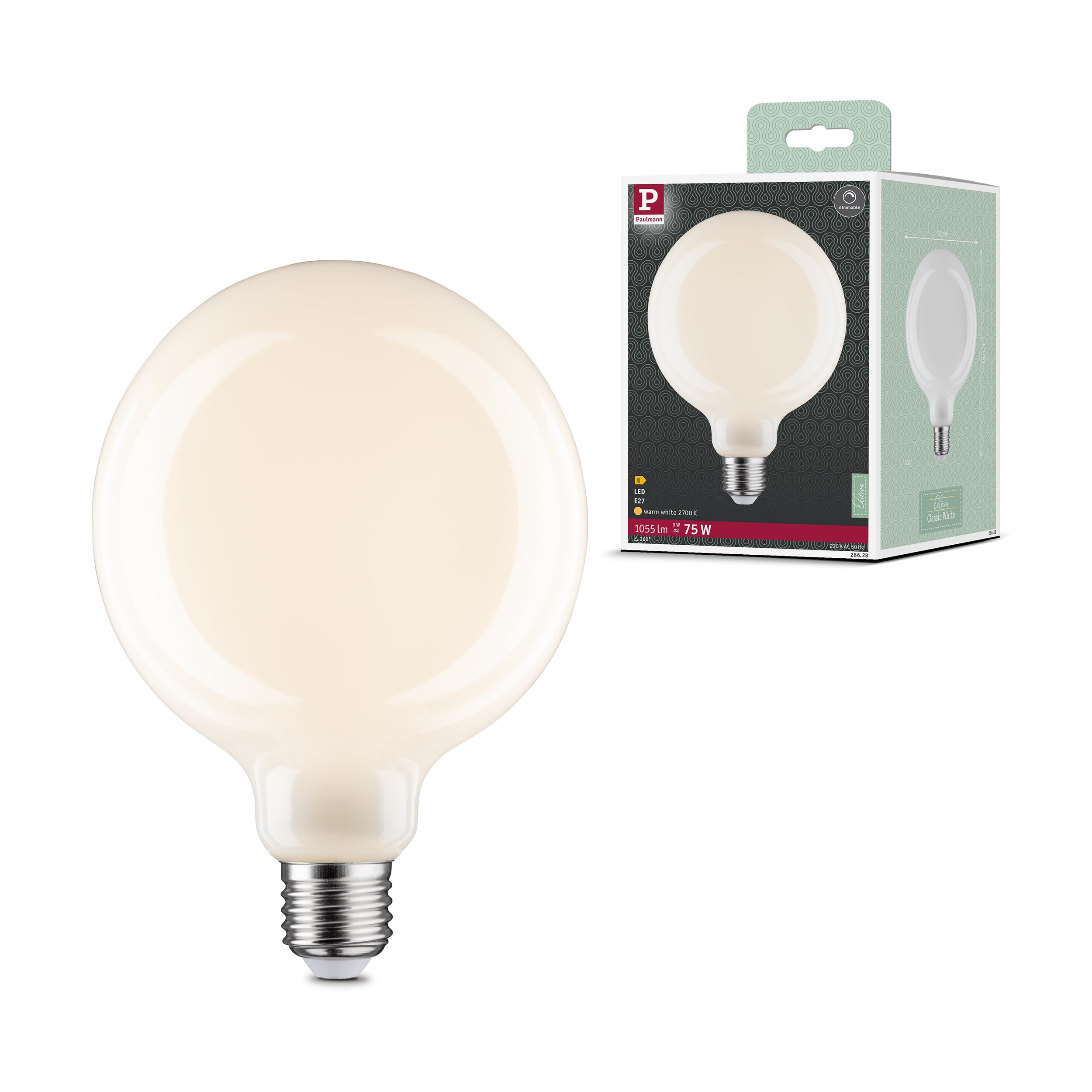 Paulmann 28628 LED Filament lamp G125 9 watts Classic lamp dimmable Opal 2700 K Warm White E27