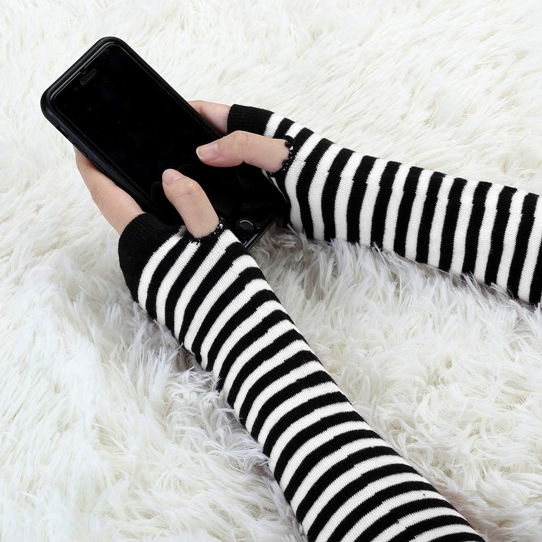 Allegra K White Black Stripe Print Stretchy Fingerless Arm Warmers Gloves Pair at  Women’s Clothing store