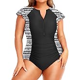 Holipick Plus Size One Piece Swimsuit for Women Tummy Control Cap Sleeves Bathing Suits Zipper Front Rash Guard Swimwear