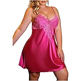 RoseSeek Women's Plus Size Floral Lace Sheer Satin Nightgown Spaghetti Strap Night Dress Chemise