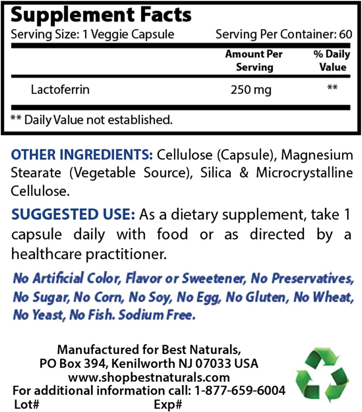 Best Naturals Lactoferrin 250 mg Veggie Capsule, Supports Healthy Immune Function - 60 Count (60 Count (Pack of 1)) - Image 3