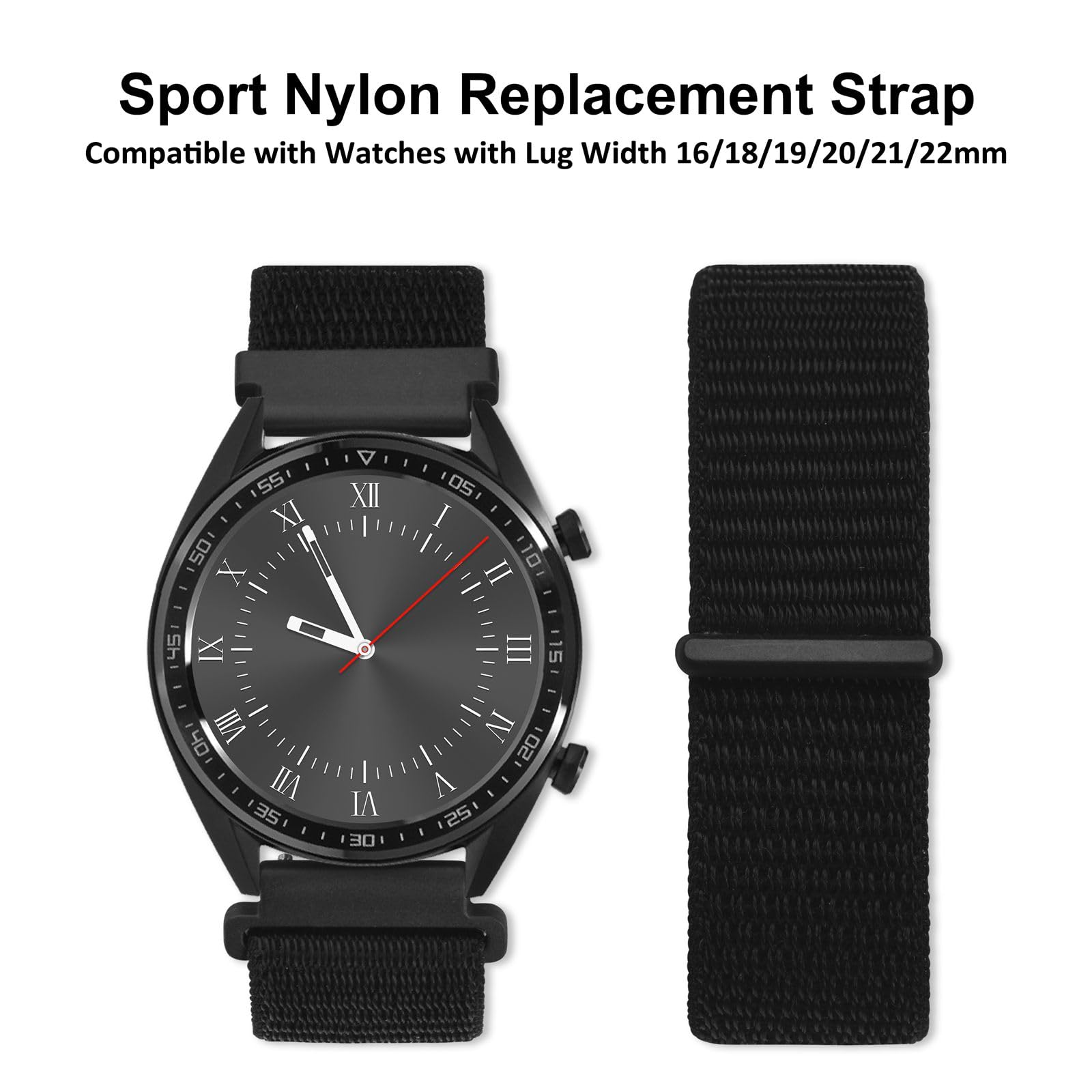 WOCCI WOCCI 18mm Adjustable Nylon Watch Band, Quick Release Sport Loop Strap (Black)