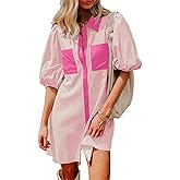 AlvaQ Women Dress Summer 2025 Casual V Neck Short Sleeve Button Down Striped Tunic Dresses with Pockets