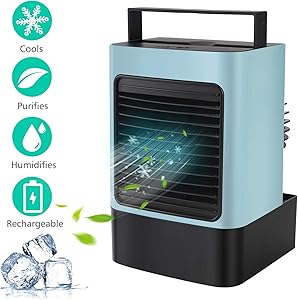 MOVTIP Portable Air Conditioner Fan, Personal Space Air Cooler Mini Evaporative Cooler Quiet Desk Fan, Air Circulator Humidifier Misting Fan for Home Office Bedroom (Blue)