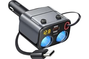 PSIER Car Cigarette Lighter Splitter, 120W 2-Socket Cigarette Lighter Adapter with 30W PD Retractable Cables, QC3.0 and Type-C PD 36W Fast Car Charger Adapter for Phone/GPS/Dash Cam/Laptop-120W