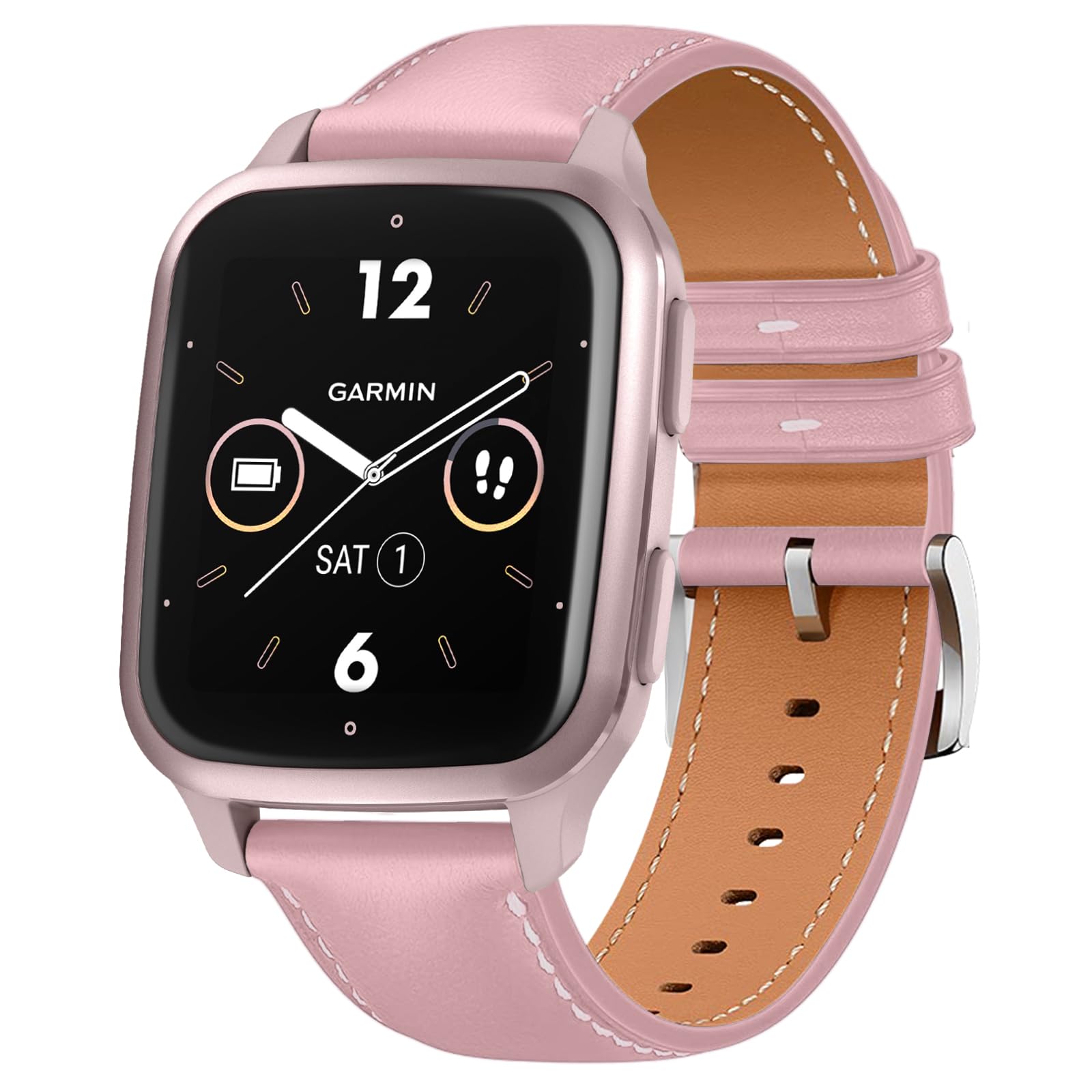 20mm Leather Watch Strap for Garmin Approach J1/Forerunner 570 42mm/Vivoactive 6/5/Venu Sq 2/Sq 2 Music, Women Man Wristband Quick Release Wristband for Garmin Forerunner 165 - Pink