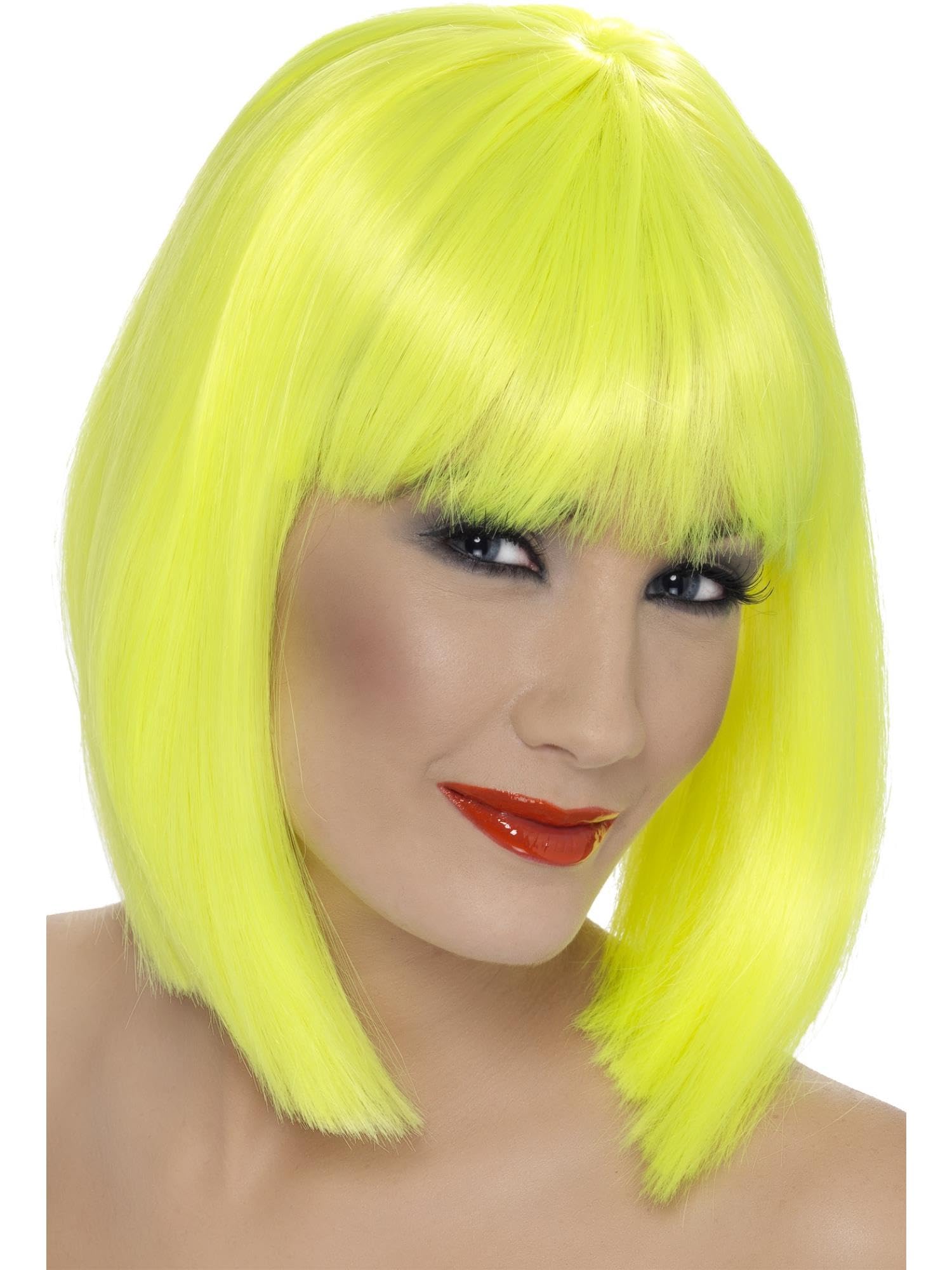 Smiffys Glam Wig, Neon Yellow Short, Blunt with Fringe, Ladies Glamour Wigs Fancy Dress, Adult Dress Up Wigs Halloween โ image 1