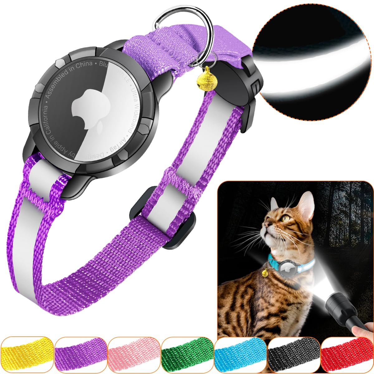 Domiphie Cat Collar with AirTag, Reflective Bell, Cat Tracker GPS for Small Pets, Kittens & Puppies (Purple S) — image 1
