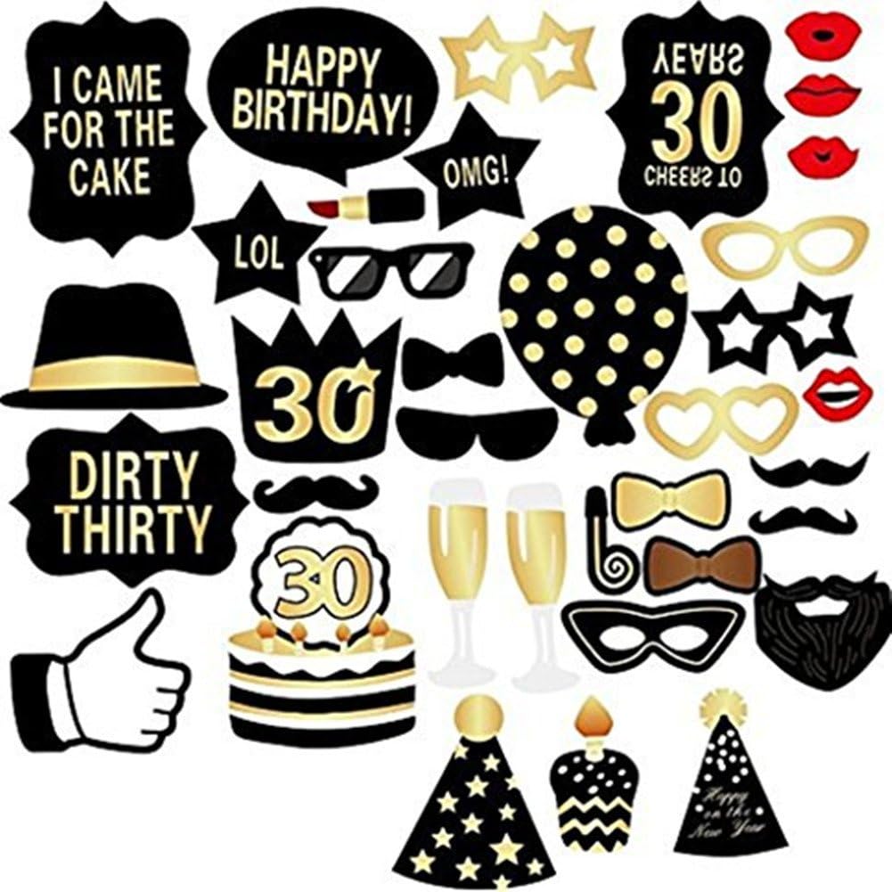 RebirthTree 30th Birthday Party Photo Booth Props Unisex Funny 36pcs DIY Kit Suitable for His or Hers 30th Birthday Celebration Photobooth Prop