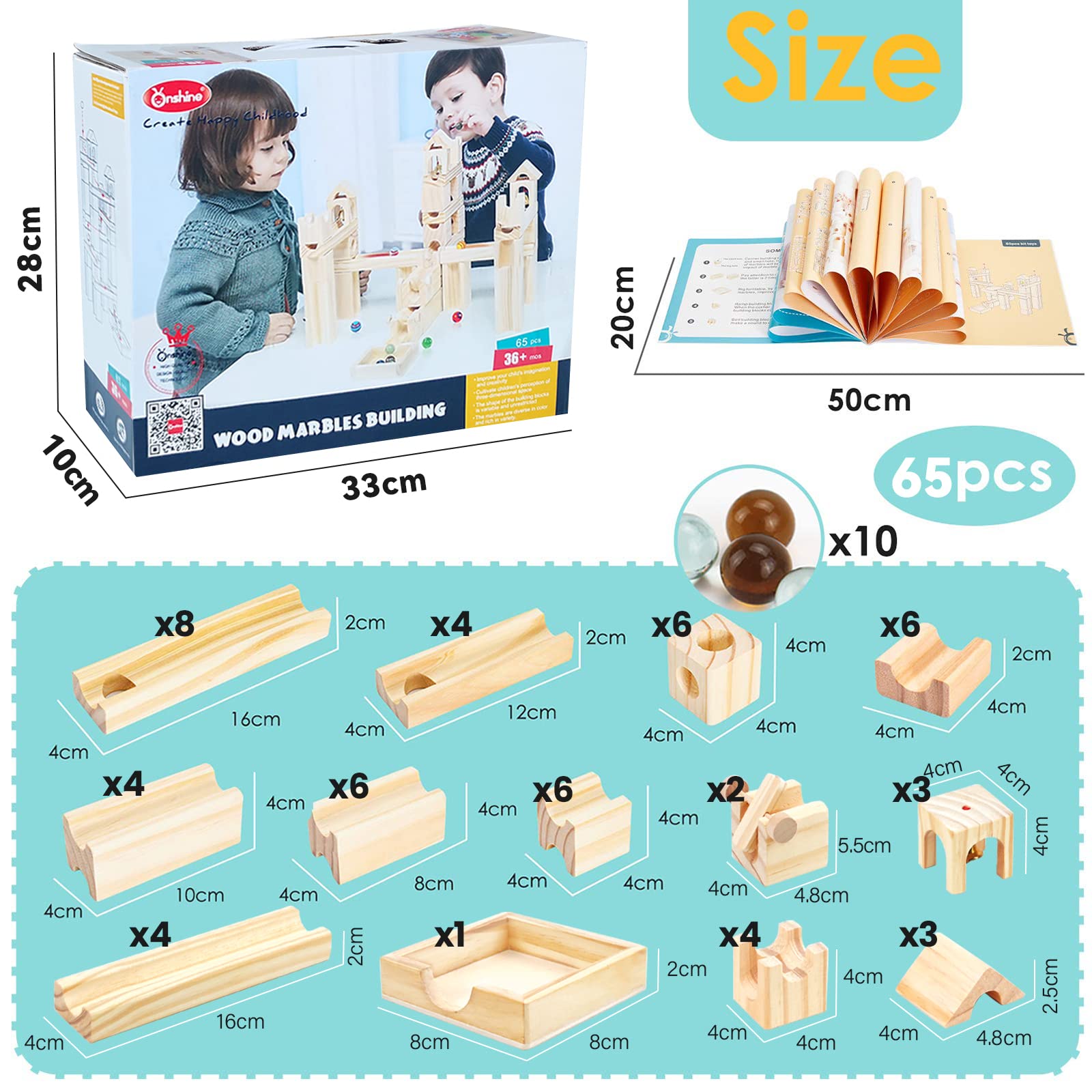 Wooden Marble Run for Kids Ages 4-8, 65 Pieces Wood Building Blocks Toys and Construction Play Set, Marble Track Maze Game STEM Learning Toys for Boys Girls (Natural Color Blocks)