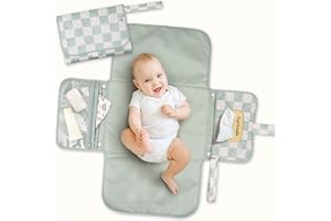 Tiny Twinkle Portable Diaper Changing Pad | Foldable, Waterproof & Compact Travel Changing Mat with Storage | Smart Wipes Pocket for On-The-Go Parents | Newborn Shower Gift (Sage Checkers)